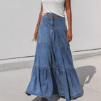 Damen Denim Maxikleid im Boho-Stil mit voluminösem Rock und Rüschen R&B