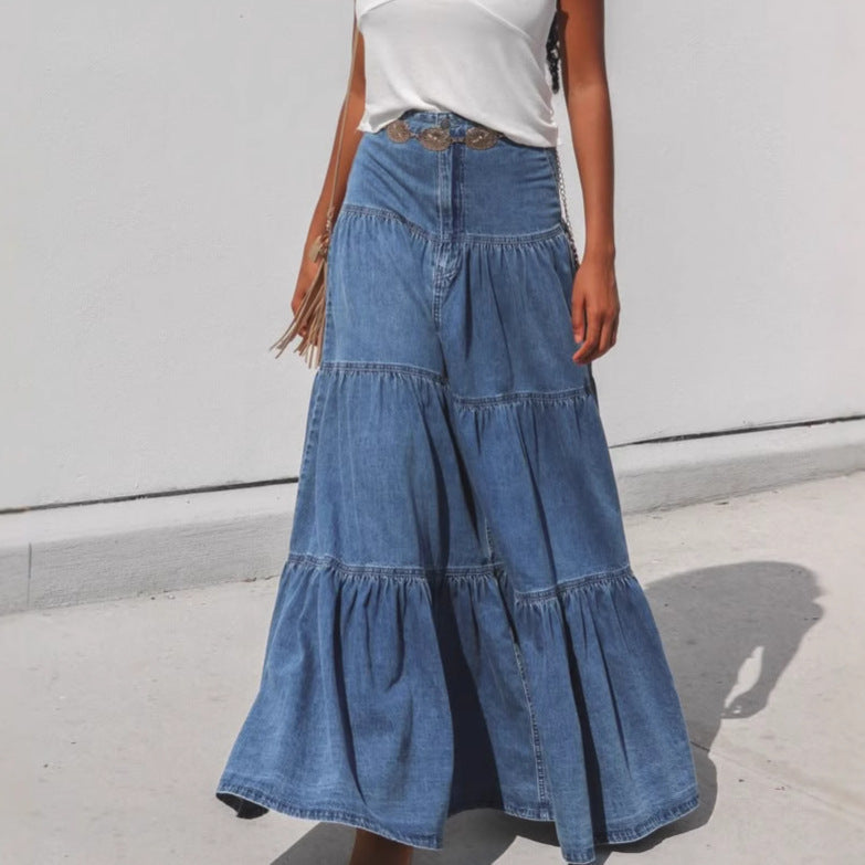 Damen Denim Maxikleid im Boho-Stil mit voluminösem Rock und Rüschen R&B