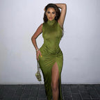 Damen Elegantes Maxikleid mit drapiertem Design und höchstem Schlitz R&B