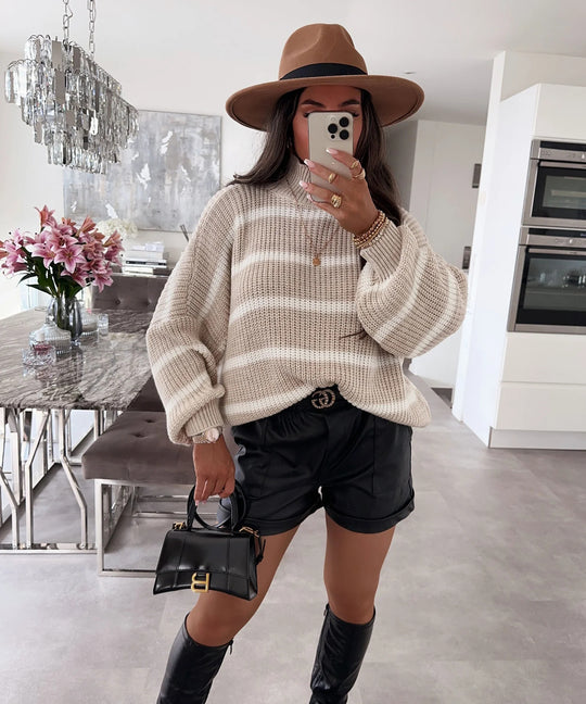 Damen gestreifter Oversized-Pullover mit modischem Rollkragen R&B