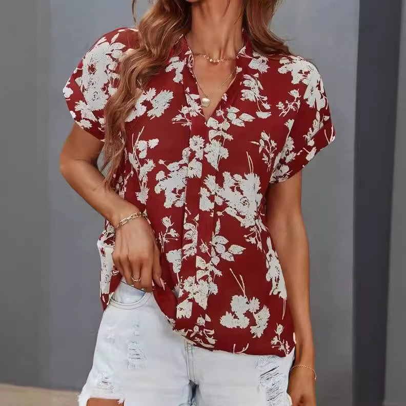 Damen lässige Bluse mit floralem Muster und kurzer Knopfleiste R&B