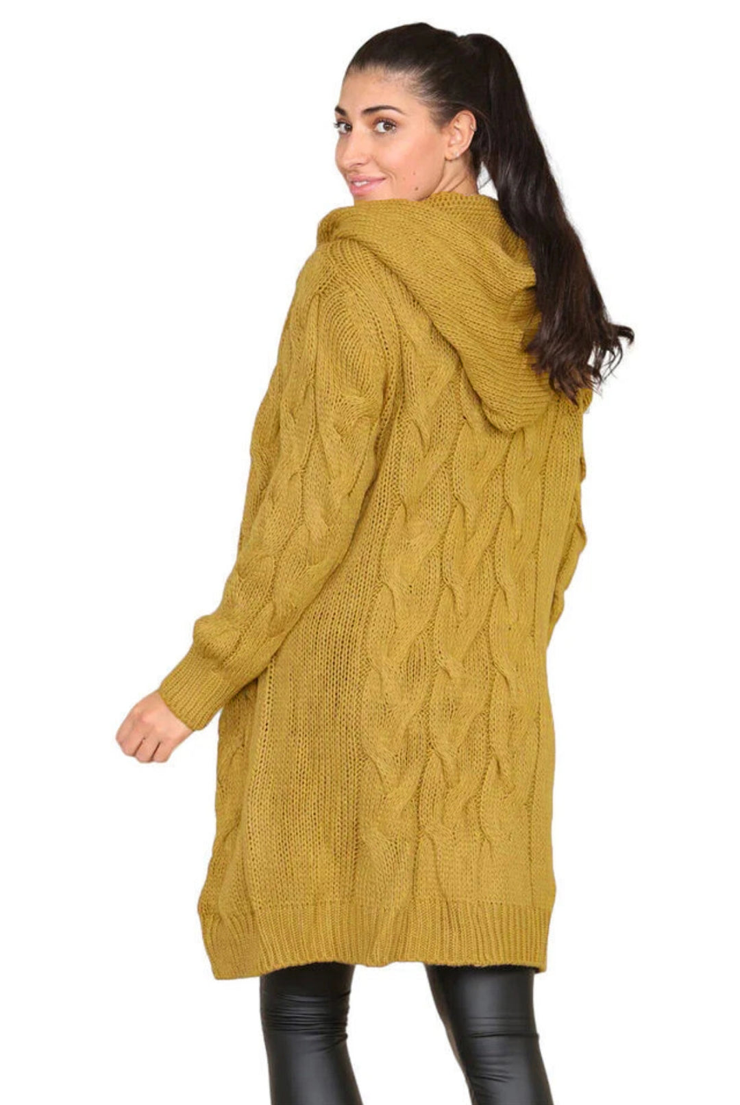Damen Langer Strickmantel mit elegantem Zopfmuster und Kapuze R&B