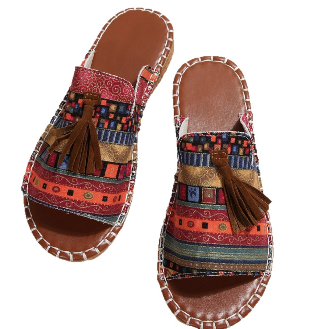 Damen lässige Riemchen-Sandalen mit buntem Ethno-Design und modischem Quasten-Detail R&B