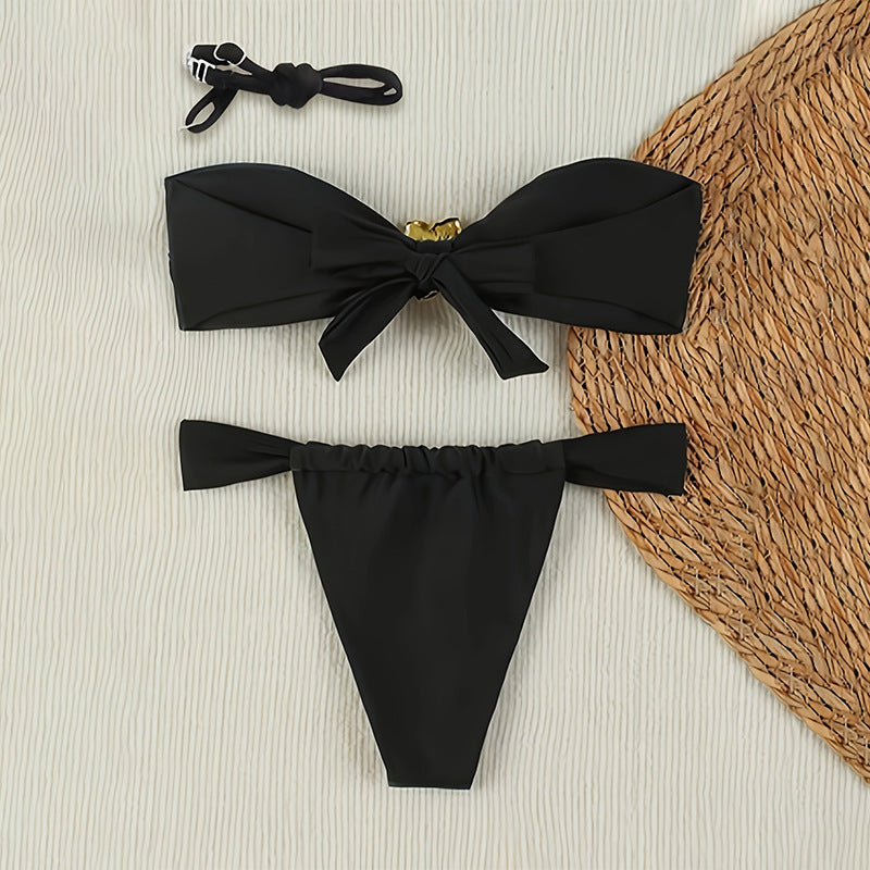 Damen Bandeau-Bikini-Set mit dekorativem Blüten-Detail R&B