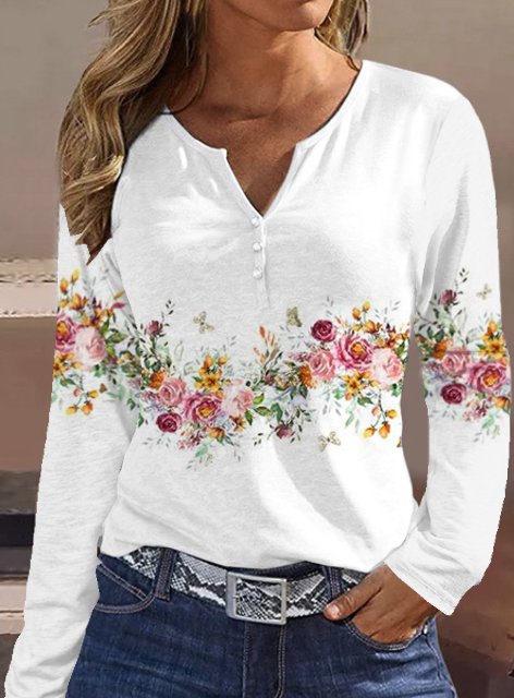 Damen Langarmshirt mit floralem Motiv und Knopfdetails R&B