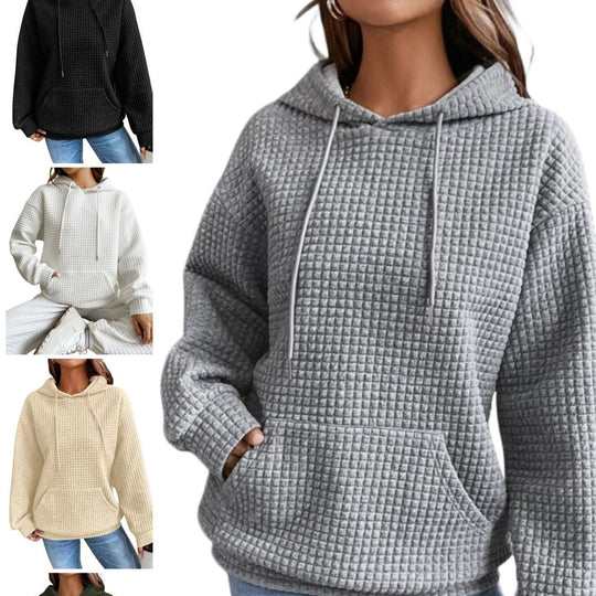 Damen lässiger Waffel-Pullover mit Kapuze und praktischer Kängurutasche Heidi-Mode