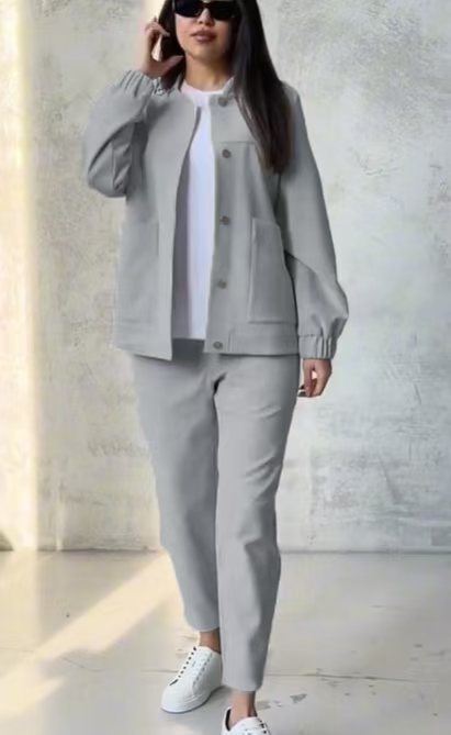 Damen Lässiges Zweiteiler-Set aus weichem Baumwollmix mit praktischen Taschen und modischem Schnitt R&B