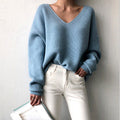 Damen lässiger Strickpullover mit V-Ausschnitt und weit geschnittenen Ärmeln R&B