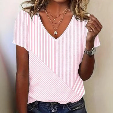 Damen nan gestreifte V-Ausschnitt-Bluse mit asymmetrischem Streifenmix und Kurzarm R&B