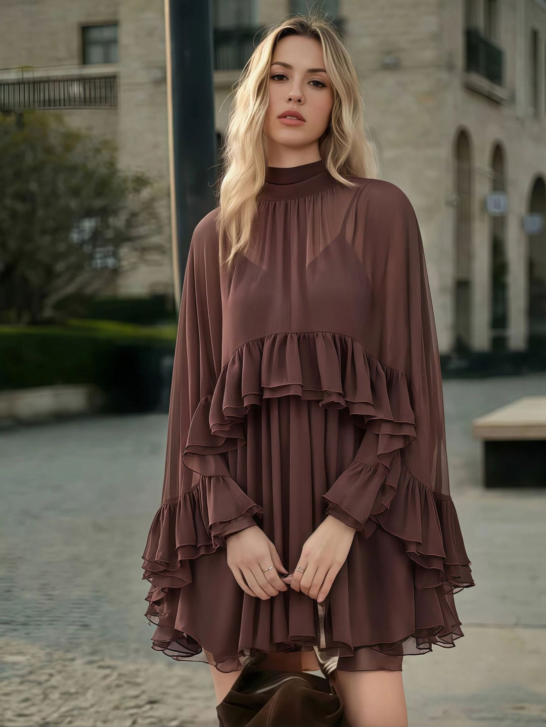 Damen Elegantes Rüschendress mit hochgeschlossenem Ausschnitt und fließendem Schnitt R&B
