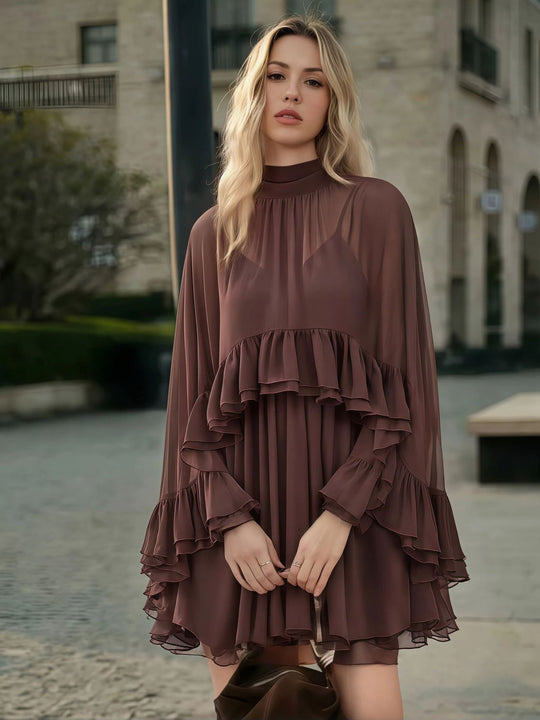 Damen Elegantes Rüschendress mit hochgeschlossenem Ausschnitt und fließendem Schnitt R&B