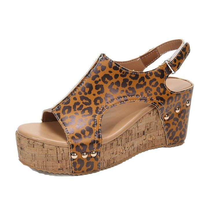 Damen Wedge-Sandalen mit leopardfarbenem Design und Kork-Kreativsohle R&B