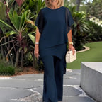 Damen elegantes Ensemble aus fließendem Oberteil und weitem Hose R&B