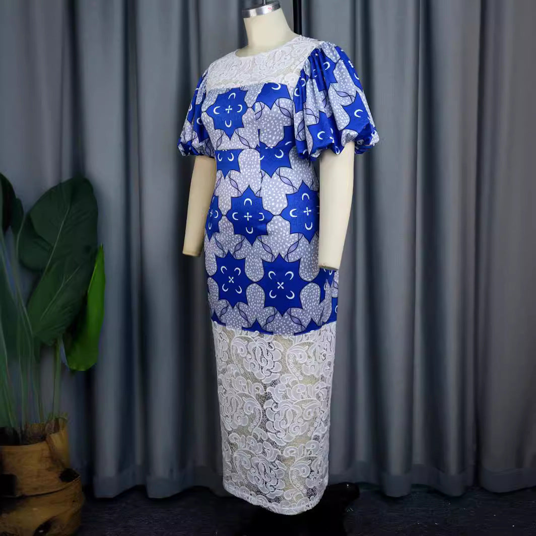 Damen Elegantes Langarmkleid mit ausgefallenen Puffärmeln und Spitzenbesatz R&B