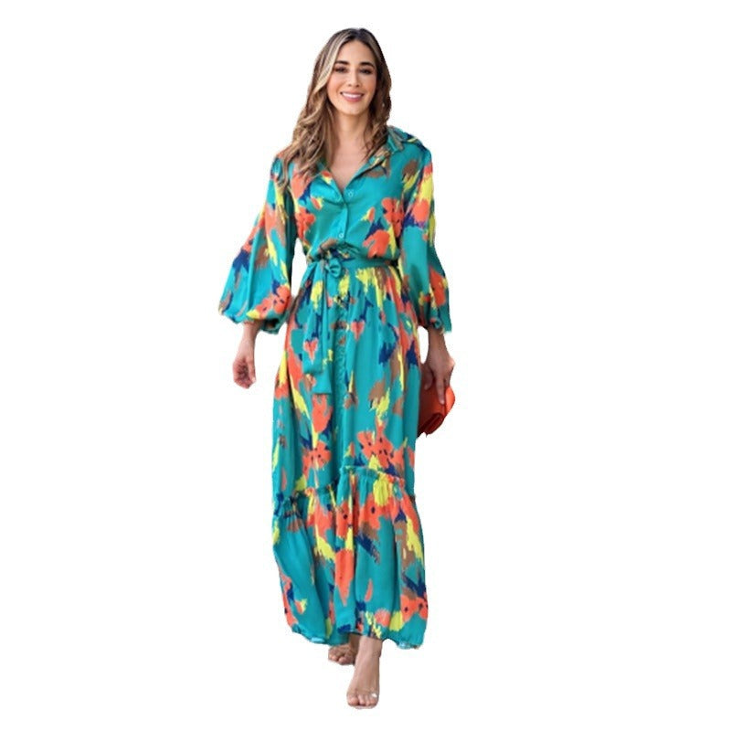 Damen Maxikleid mit floralen Akzenten und elegantem Gürtel R&B