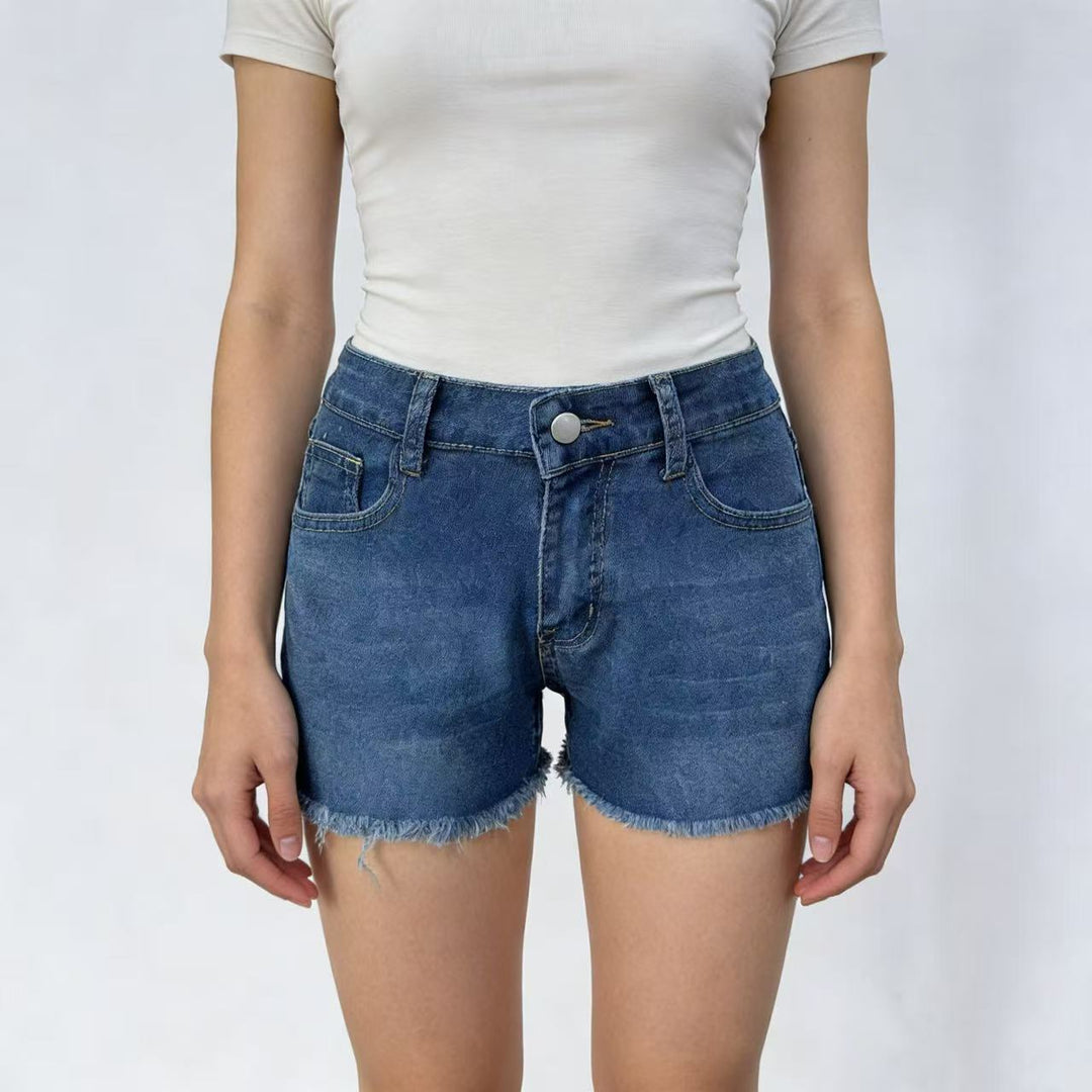Damen lässige Jeansshorts mit ausgefranster Saumkante und hohem Bund R&B