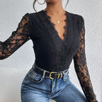 Damen Body mit romantischer Spitze und tiefem V-Ausschnitt R&B