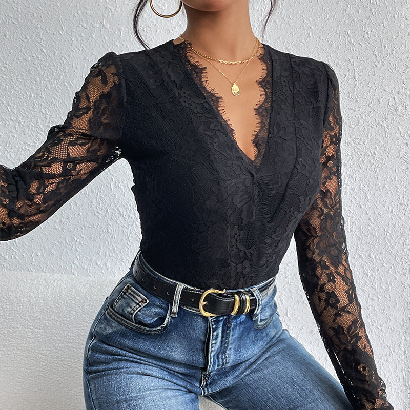 Damen Body mit romantischer Spitze und tiefem V-Ausschnitt R&B