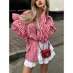 Damen Puffärmel Gingham Knopf-Down Hemd
