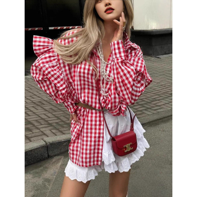 Damen Puffärmel Gingham Knopf-Down Hemd