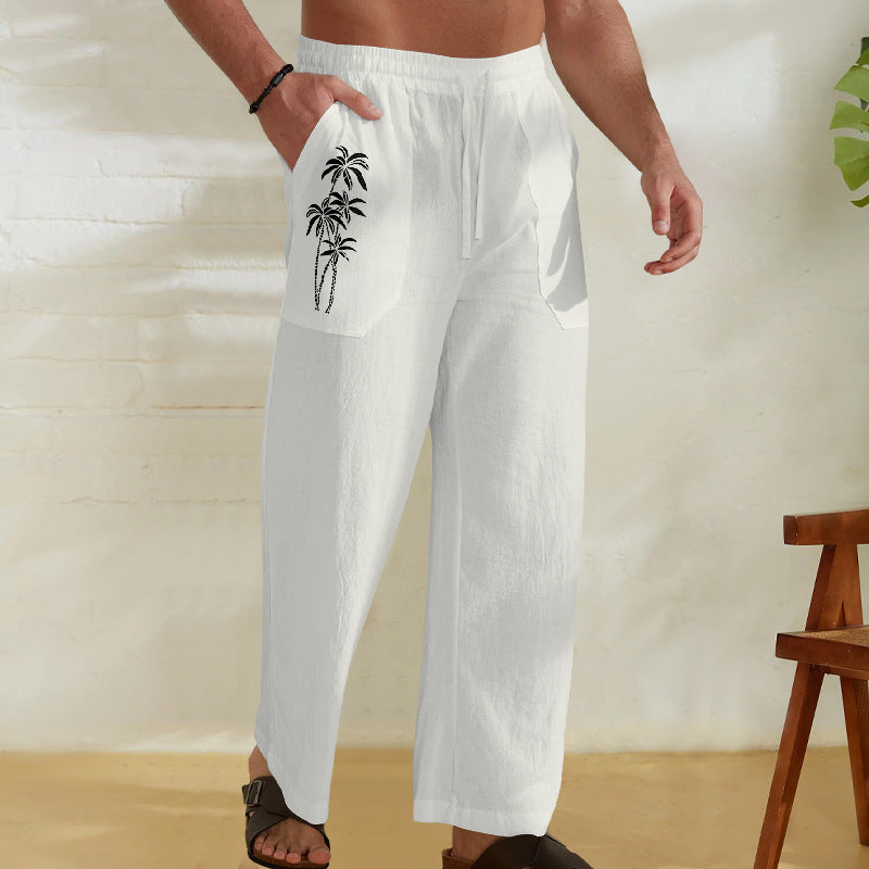 Herren Bequeme Leinenhose mit praktischem Kordelzug und Palmendruck R&B