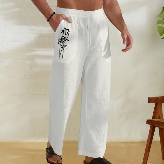 Herren Bequeme Leinenhose mit praktischem Kordelzug und Palmendruck R&B