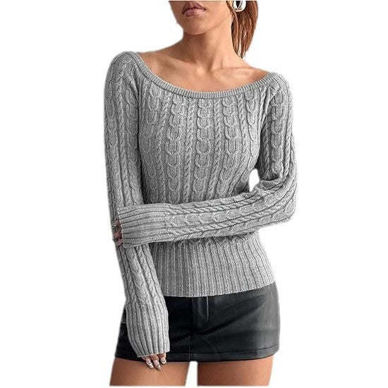 Damen Grobstrick Pullover mit offener Schulterpartie und Zopfmuster R&B