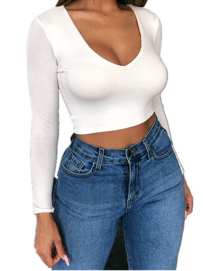 Damen figurbetontes Langarm-Crop-Top mit V-Ausschnitt R&B
