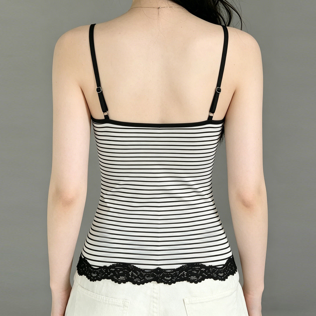 Damen Trägershirt mit dekorativer Spitze und gestreiftem Design R&B