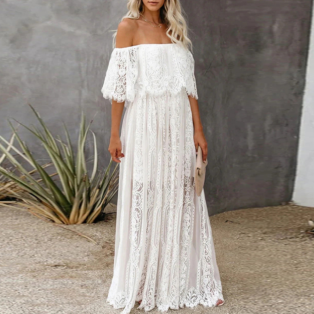 Damen Maxikleid mit eleganter Spitze und schulterfreiem Design R&B