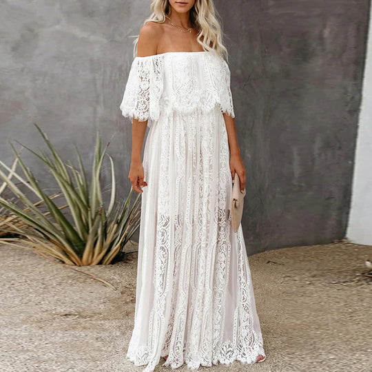 Damen Maxikleid mit eleganter Spitze und schulterfreiem Design R&B