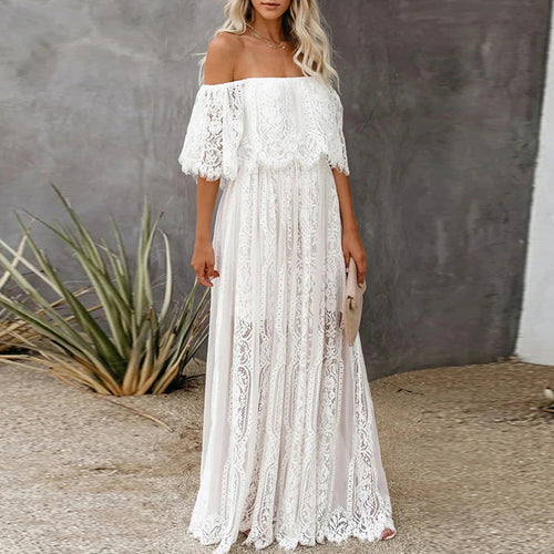 Damen Maxikleid mit eleganter Spitze und schulterfreiem Design R&B