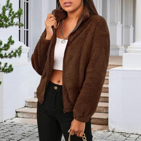 Damen Flauschige Fleecejacke mit hohem Kragen und seitlichen Taschen R&B
