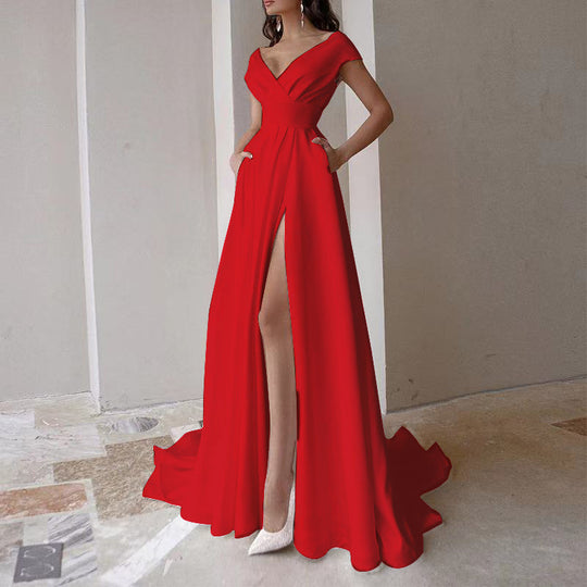 Damen elegantes Maxikleid mit tiefem V-Ausschnitt und seitlichem Schlitz R&B
