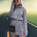 Damen Langarm-Strickkleid mit hohem Kragen und offenem Schulterdesign R&B