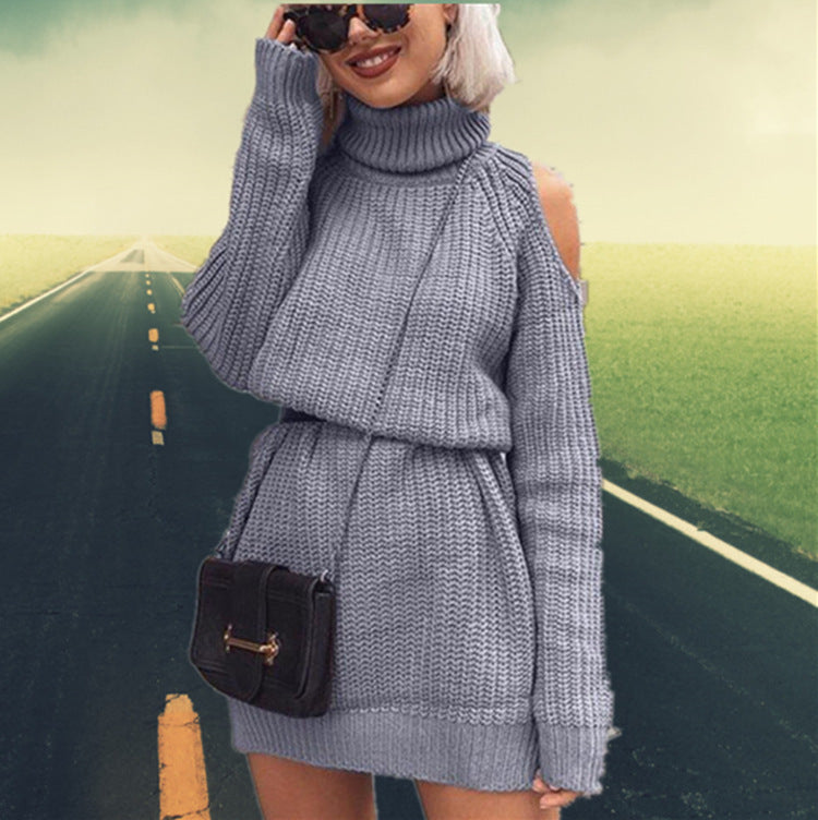 Damen Langarm-Strickkleid mit hohem Kragen und offenem Schulterdesign R&B