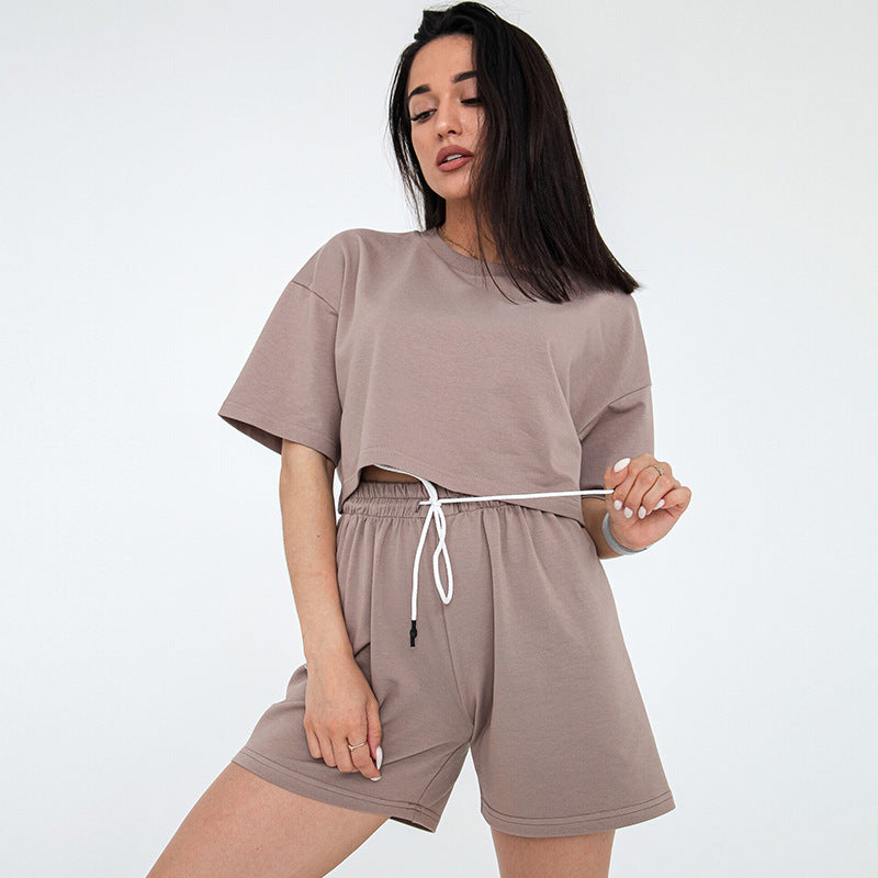 Damen lässiges Crop-Top und Shorts-Set mit elastischem Bund R&B