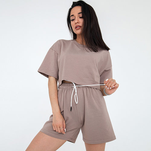 Damen lässiges Crop-Top und Shorts-Set mit elastischem Bund R&B