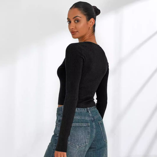 Damen figurbetontes Langarmcropped Oberteil aus Rippstrick R&B