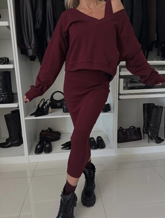 Damen elegantes und lässiges Zweiteiler-Set mit V-Ausschnitt und weitem Oberteil R&B