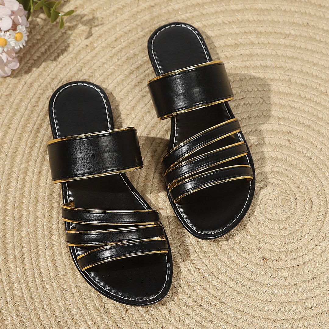 Damen Slide-Sandalen mit doppeltem Riemendesign und goldenen Akzenten R&B
