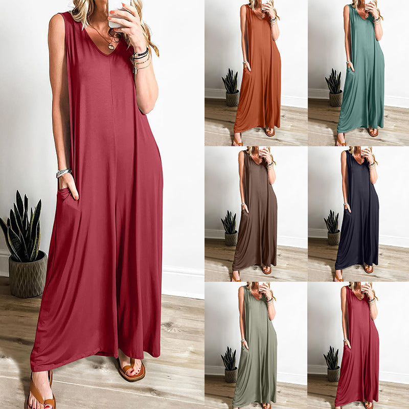 Damen ärmelloses Maxikleid mit seitlichen Taschen und fließender Silhouette R&B