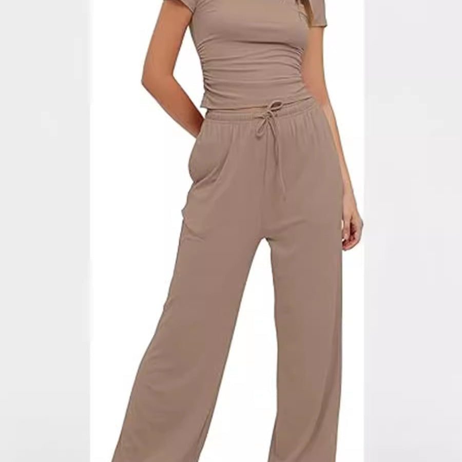 Damen lässiger Zweiteiler mit cropped Oberteil und weitem Beinkleid R&B
