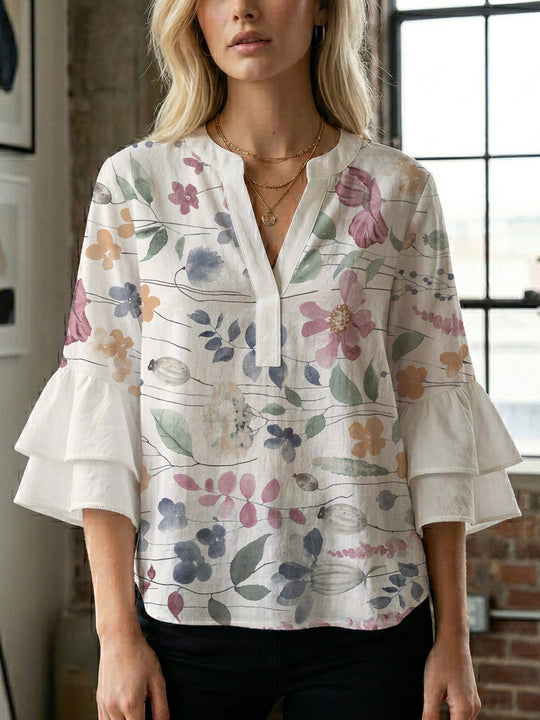 Damen Bluse mit voluminösen Ärmeln und floralem Design R&B