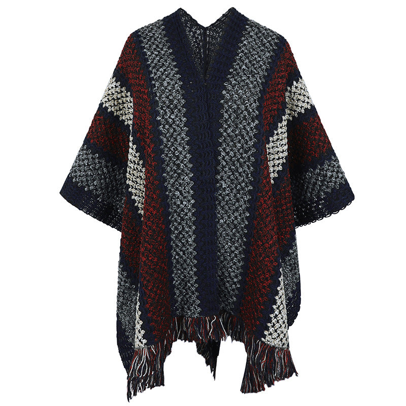 Damen Strickponcho mit V-Ausschnitt und Fransen R&B