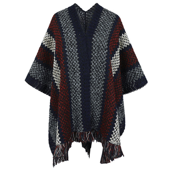 Damen Strickponcho mit V-Ausschnitt und Fransen R&B