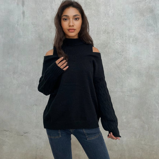 Damen Pullover mit schulterfreiem Design und strukturierten Ärmeln R&B