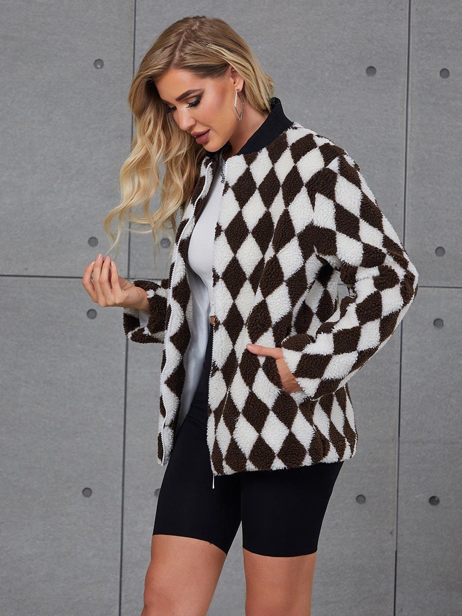 Damen Flauschige Steppjacke mit modernem Karomuster und praktischen Taschen R&B
