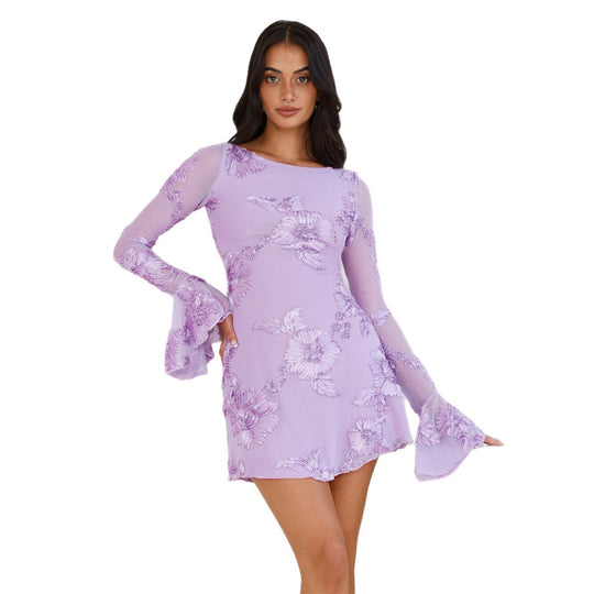 Damen Elegantes Minikleid mit floralen Spitzen-Details und weitem Ärmel R&B