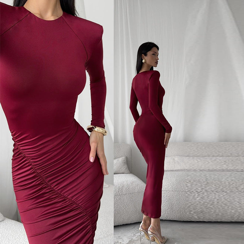 Damen Langarm-Raffkleid mit elegantem Schnitt und figurformenden Details EB